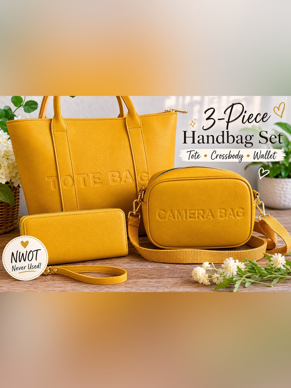Mustard Yellow 3-Piece Tote Bag Set NWOT | Tote + Crossbody + Wallet